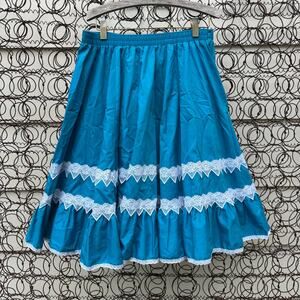 Vintage 80s Malco Modes Teal White Lace Ruffle Circle Skirt Square Dance LARGE